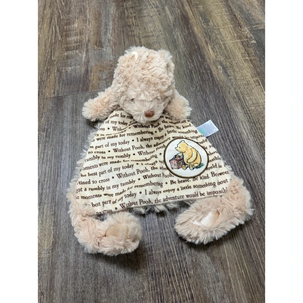 Disney Winnie the Pooh Baby Security Blanket Lovey Tan Script Quotes Plush Bear‎